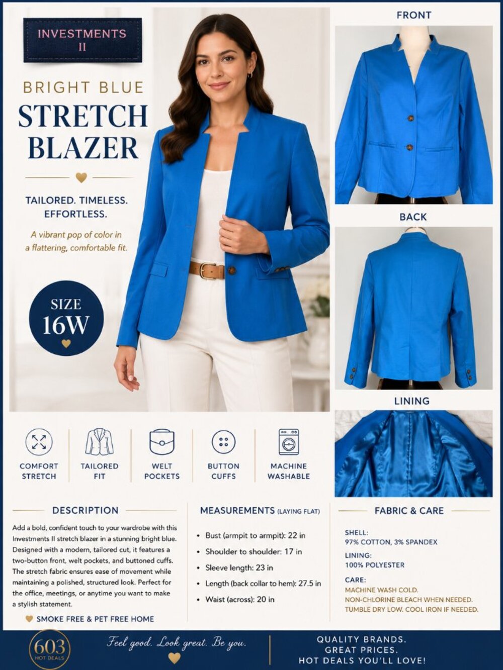 Investments II Bright Blue Stretch Blazer – Women's Size 16W